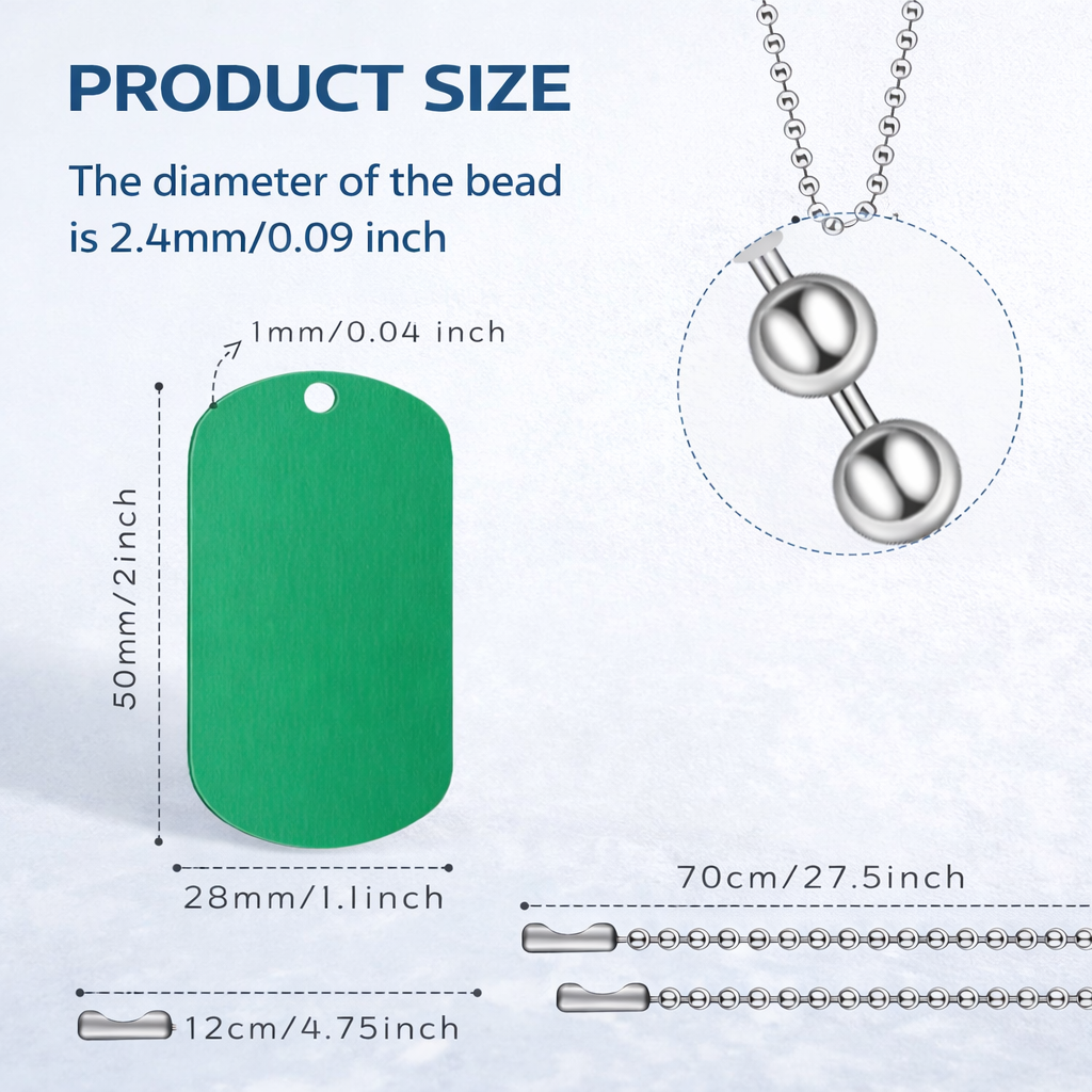Measurement chart of a necklace with bead and chain dimensions on a white background