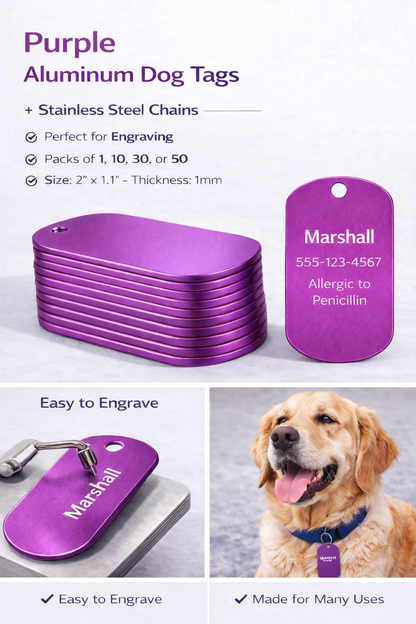 Purple aluminum dog tags with engraved text, stainless steel chains, and a dog wearing one of the tags.