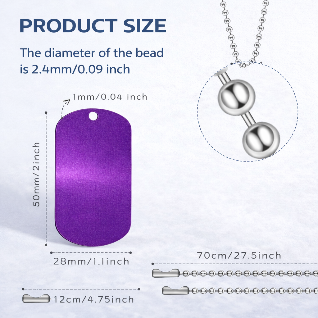 Measurement chart showing dimensions of a purple bead and silver necklace on a white background.