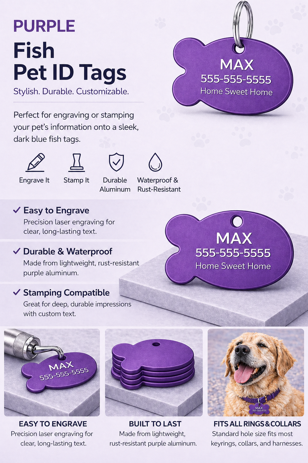 purple fish shaped ID tags with product uses