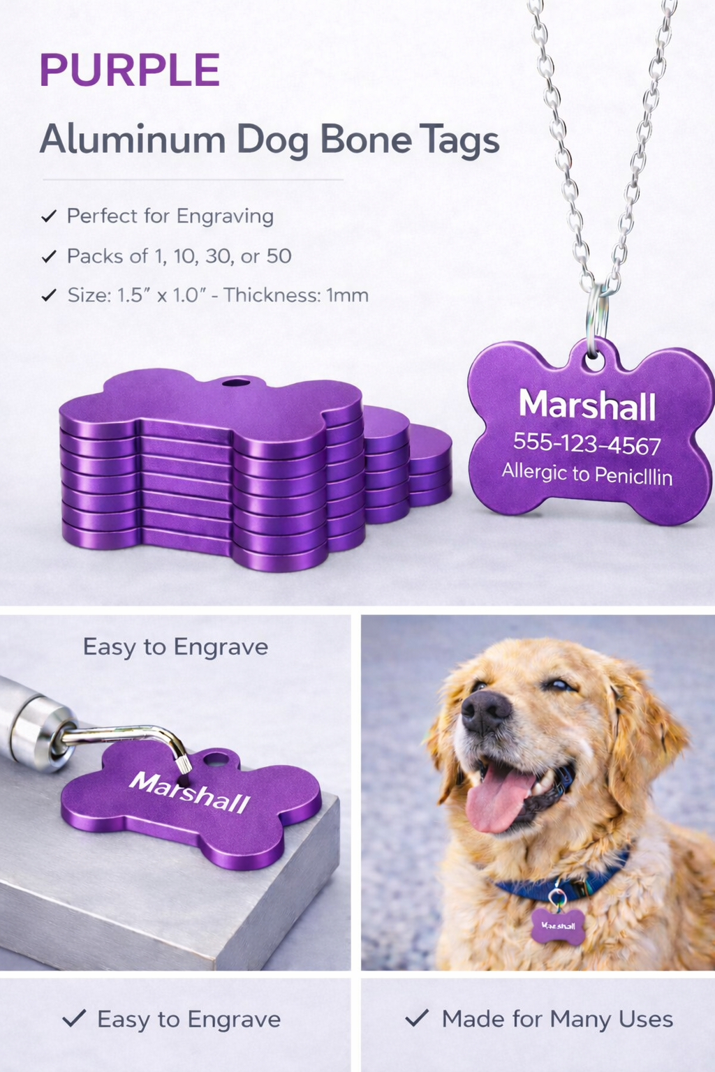 Purple aluminum dog bone tags with engraving tool and a dog wearing a tag, on a white background.