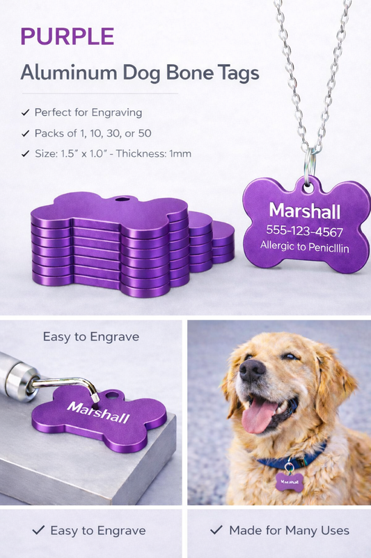 Purple aluminum dog bone tags with engraving tool and a dog wearing a tag, on a white background.