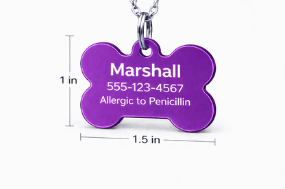 Purple bone-shaped pet tag with engraved text on a white background