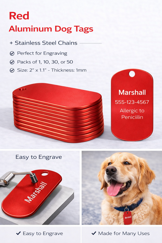 Red aluminum dog tags with engraved text, shown with a dog wearing one, on a white background.