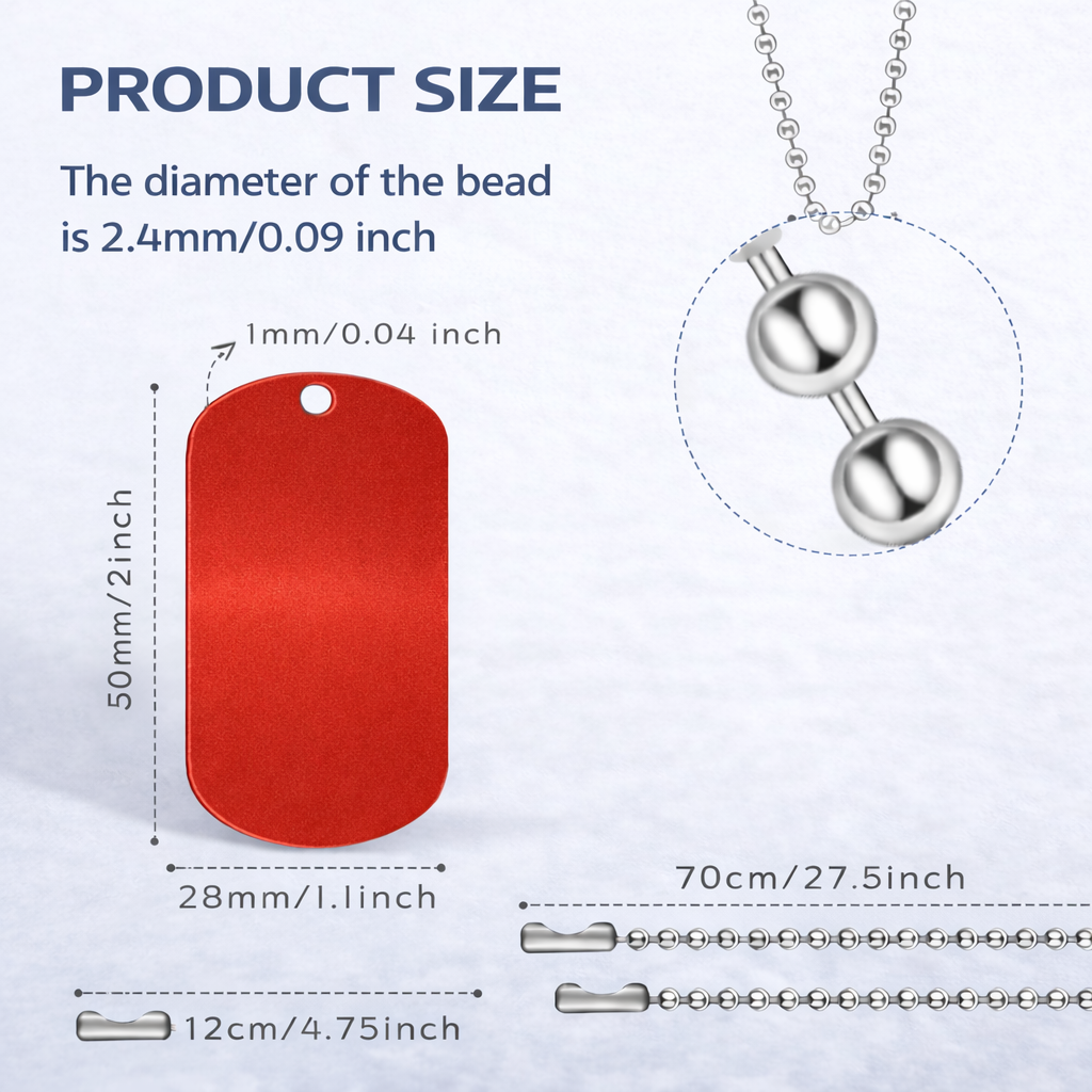 Measurement chart showing product size of a red tag, silver bead, and chain on a white background.