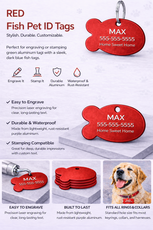 Red fish-shaped ID tags with a dog and an engraver