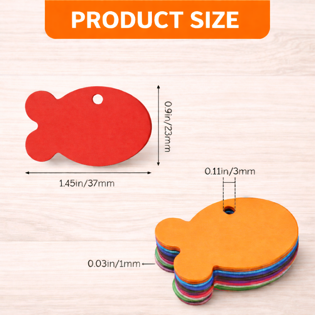 Red and orange fish-shaped products with measurements on a light wood background