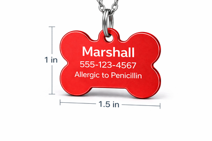 Red bone-shaped pet tag with engraved information on a white background