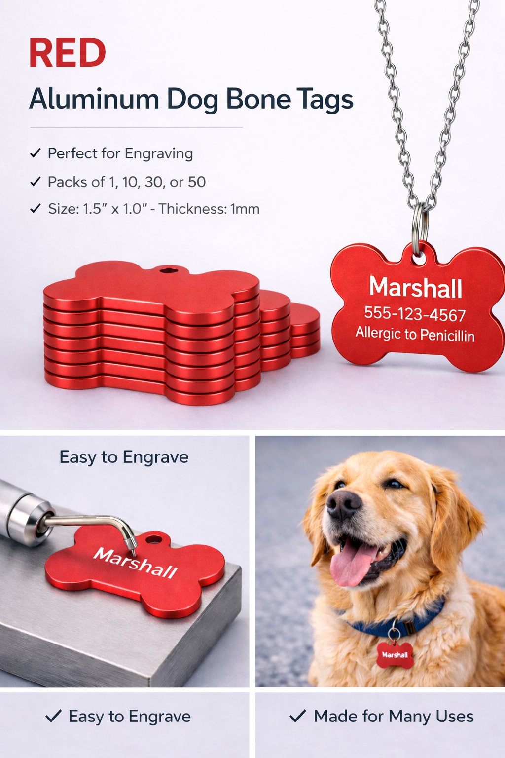Red aluminum dog bone tags with engraving capabilities, shown with a dog wearing a tag.