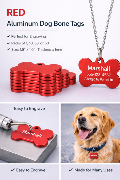 Red aluminum dog bone tags with engraving capabilities, shown with a dog wearing a tag.