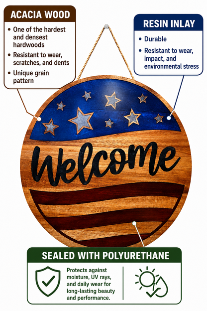 Welcome American Flag Acacia Wood Sign with Epoxy Inlay