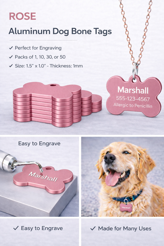 Rose gold aluminum dog bone tags with engraving capabilities, shown with a dog wearing one of the tags.