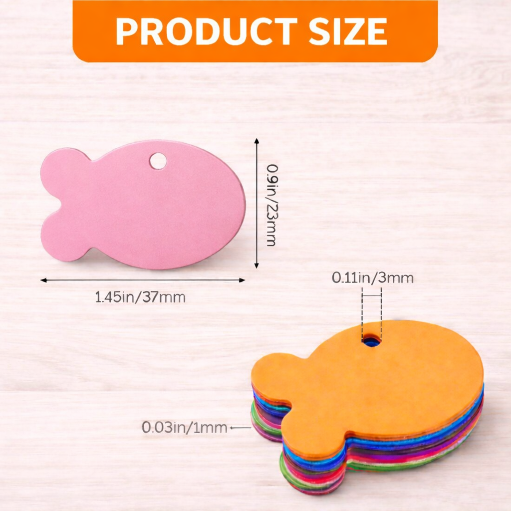 Colorful fish-shaped product with measurements on a light background