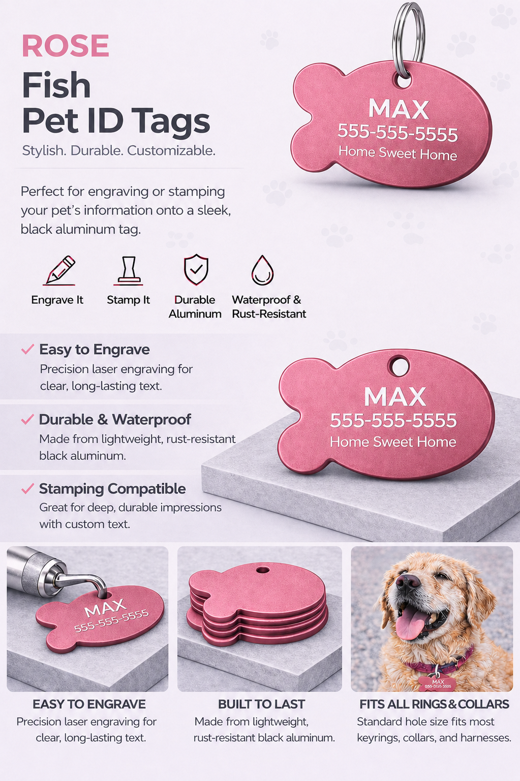 Rose Fish Pet ID Tags with engraving tools and a dog wearing a tag on a light gray background