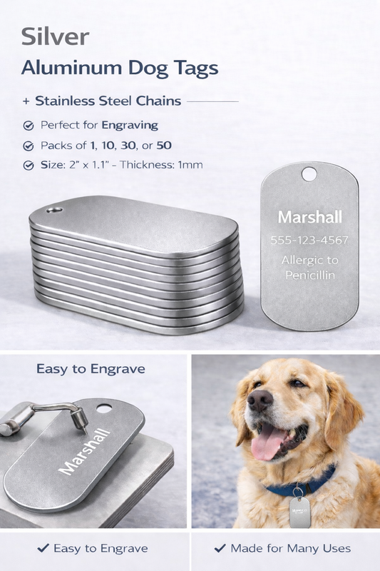 Silver aluminum dog tags with engraved text, stainless steel chains, and a dog wearing a tag.