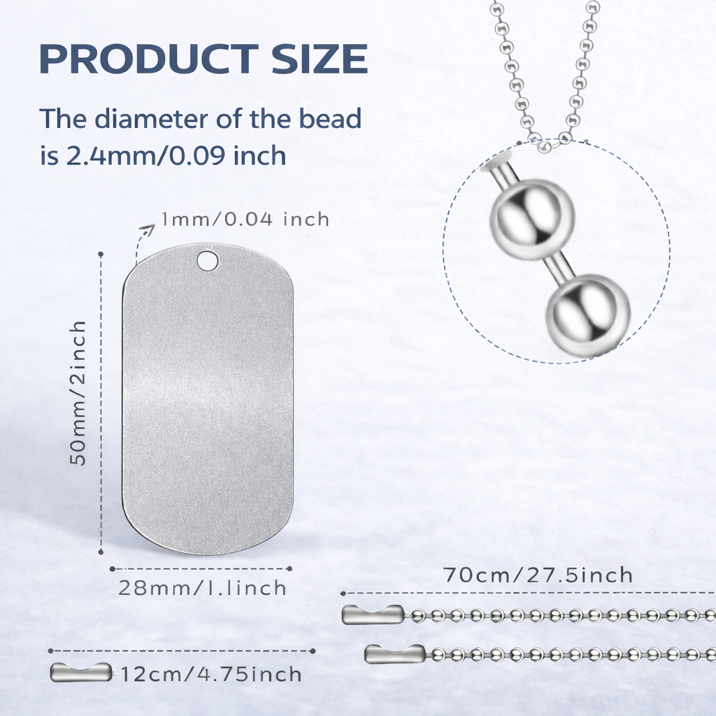 Measurement chart of a silver necklace with bead and chain dimensions on a white background