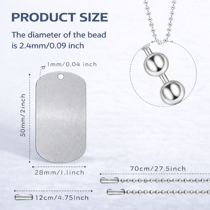 Measurement chart of a silver necklace with bead and chain dimensions on a white background
