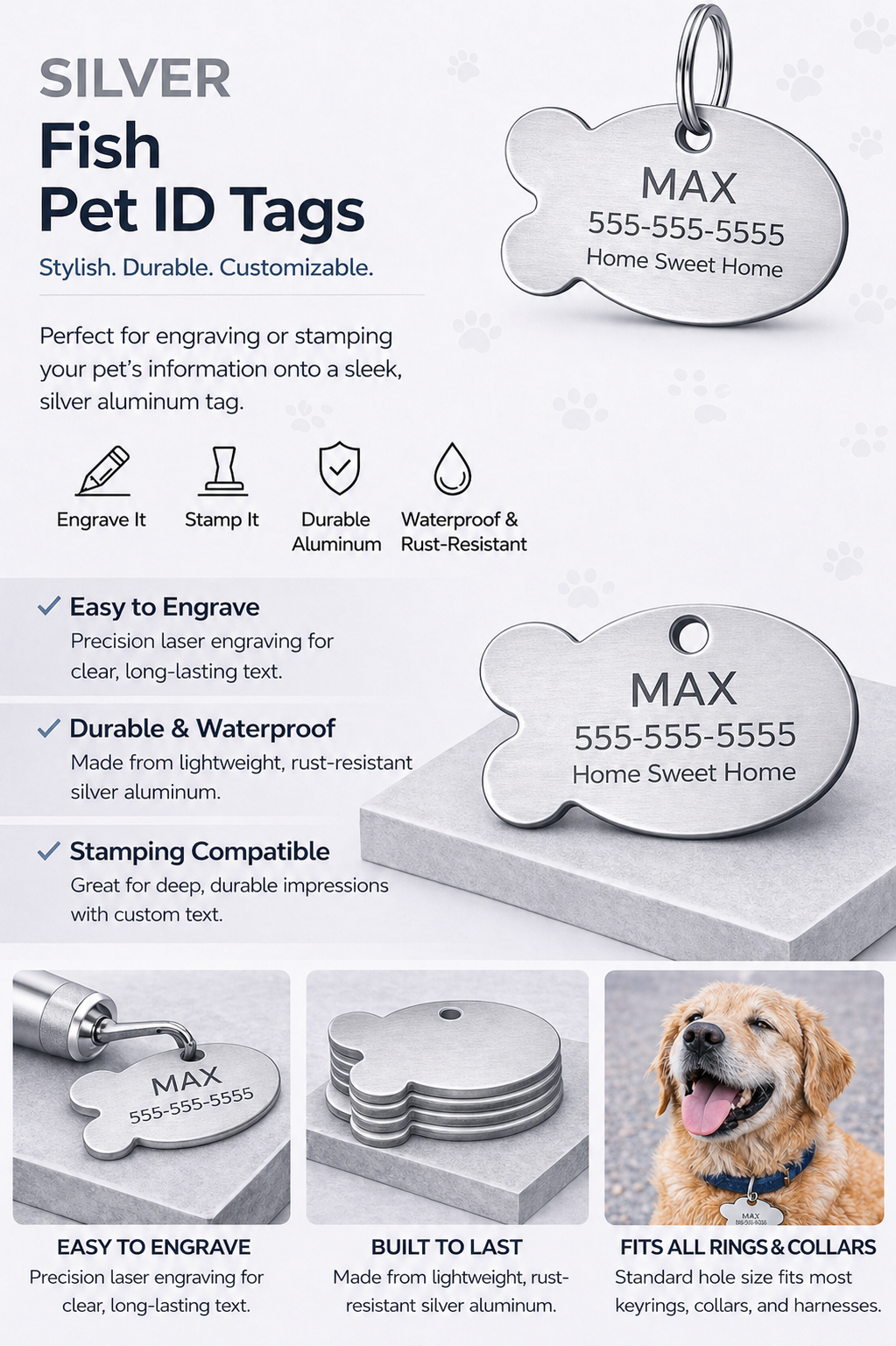 silver fish shaped ID tags with product details