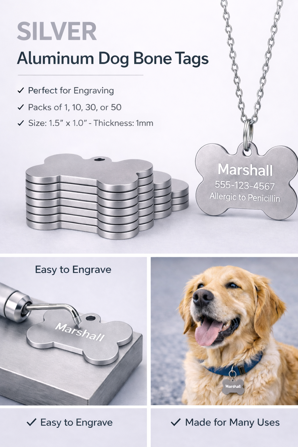 Silver aluminum dog bone tags with engraving capabilities, shown with a dog wearing one of the tags.