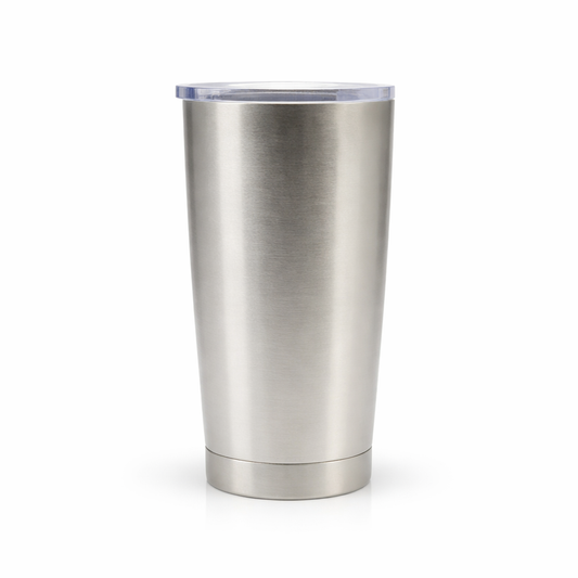Stainless steel tumbler on a white background