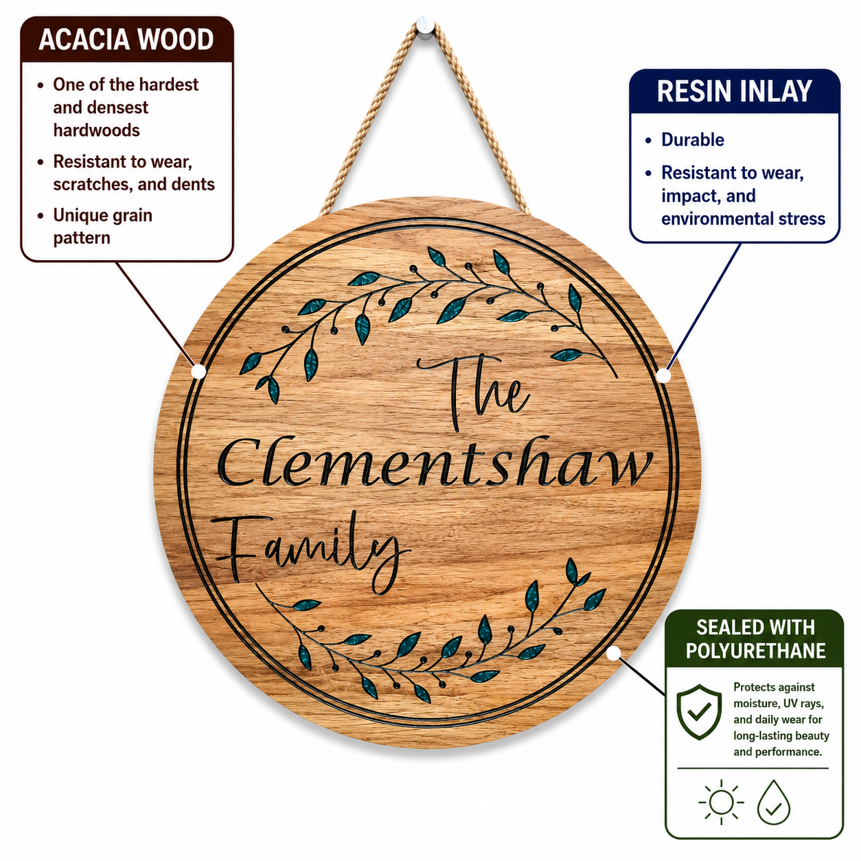 Personalized Family Name Acacia Wood Sign with Epoxy Inlay