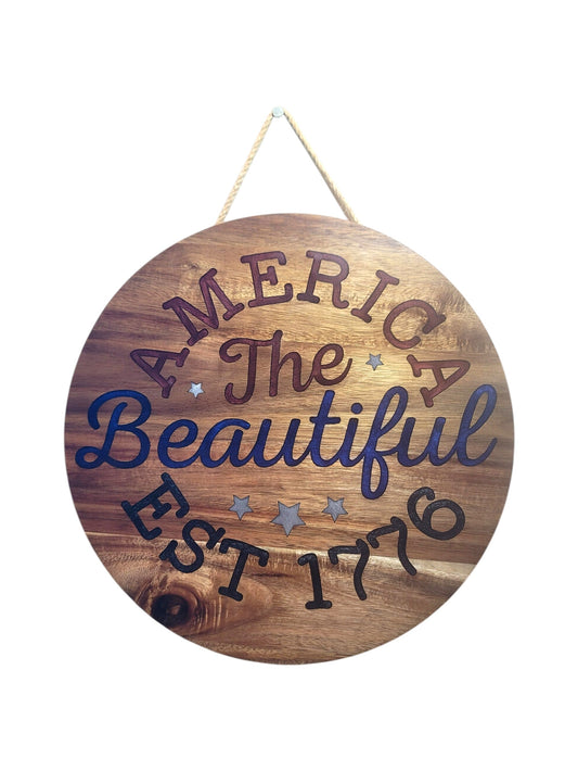 America the Beautiful Acacia Wood Sign with Epoxy Inlay