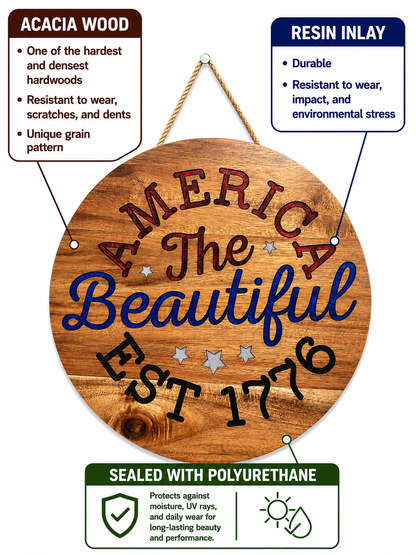 America the Beautiful Acacia Wood Sign with Epoxy Inlay